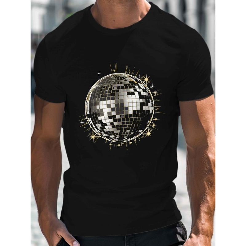 

T-shirt à motif boule disco pour homme - T-shirt ras du cou % polyester avec imprimé à motif géométrique, haut décontracté en d'été légèrement extensible