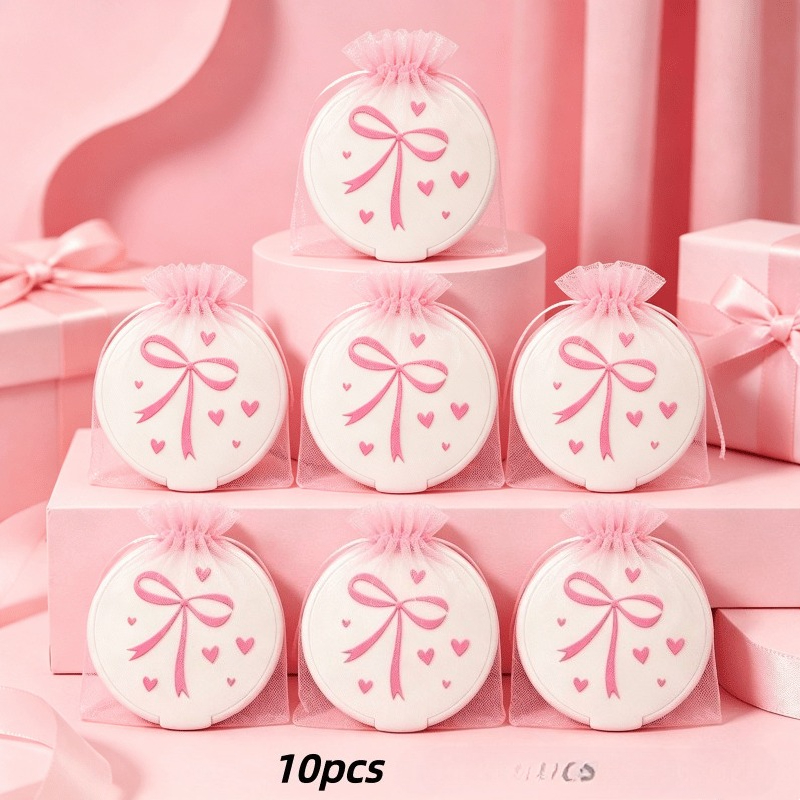 TEMU 10pcs/set Korean Style Mini Pocket Mirror With Pink Bow & Hearts - Compact Folding Round Makeup Mirror Suitable For Party Favors, Bridal Shower