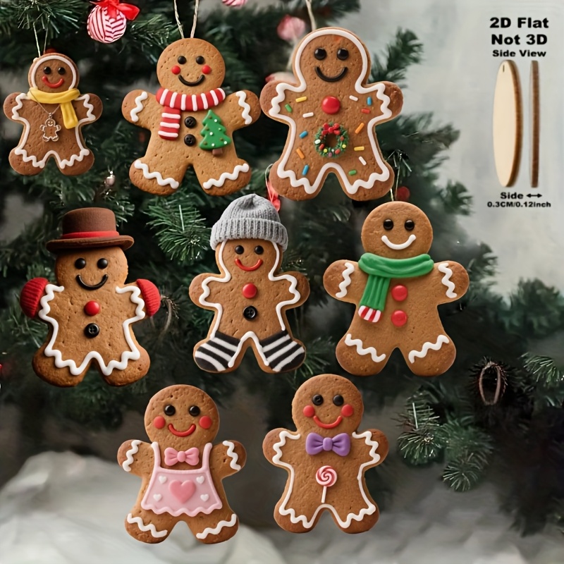 TEMU 2d Flat, 8pcs 2d Flat Wooden Gingerbread For -shaped Ornament Set - Hand-painted Style Christmas And Halloween Tree Decorations, No Glue Needed,