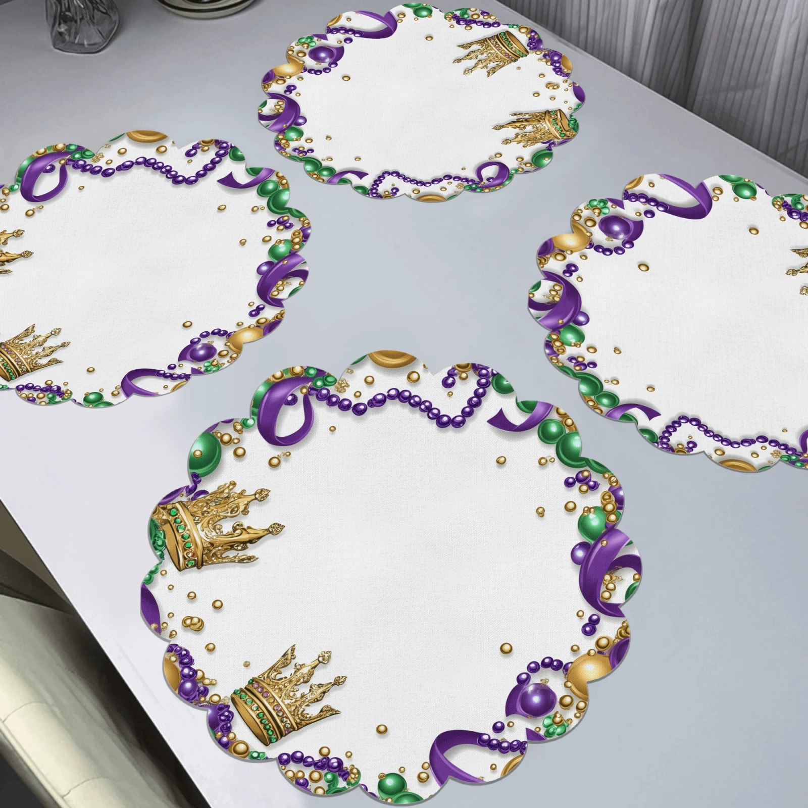 

4pcs Mardi Gras Crown Wreath Round Placemats - Scalloped, Non-slip, Washable Polyester Table Mats For Holiday Dining & Party Decor, Gift, Kitchen Banquet, Place Mats