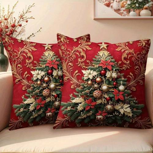elegant red and golden christmas tree cushion with decorations and pine branches featuring a zippered design and machine washable fabric holiday decor on a sofa bed pillow only