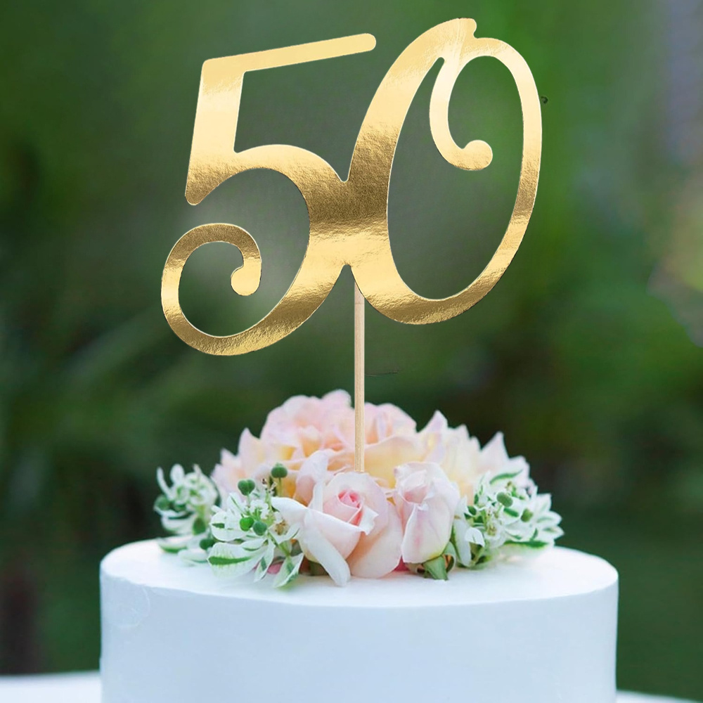 1pc Golden 50 Cake Topper Cake Decorating Supplies For Golden Anniversary 50th Birthday Cake Decor Husband Wife Golden Celebration Halloween&christmas For Christmas,newyear,valentine,party Events