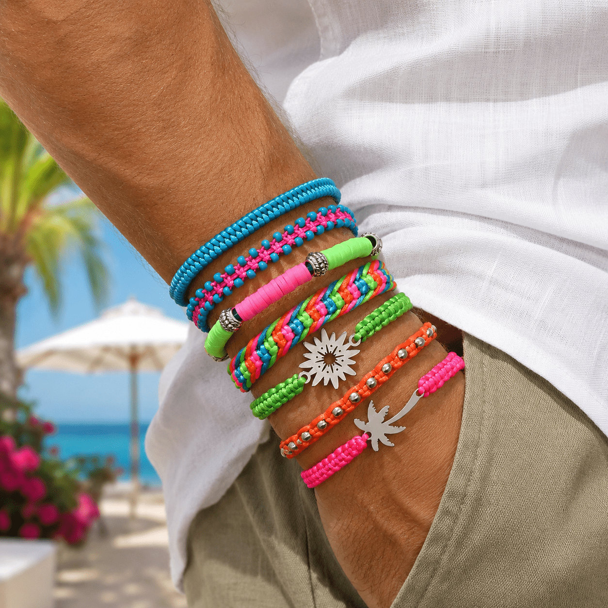 TEMU 7pcs Men's Bohemian Antique Style Colored Wristband Set, Creative Adjustable Bracelet Collection For Daily Vacation Beach Parties