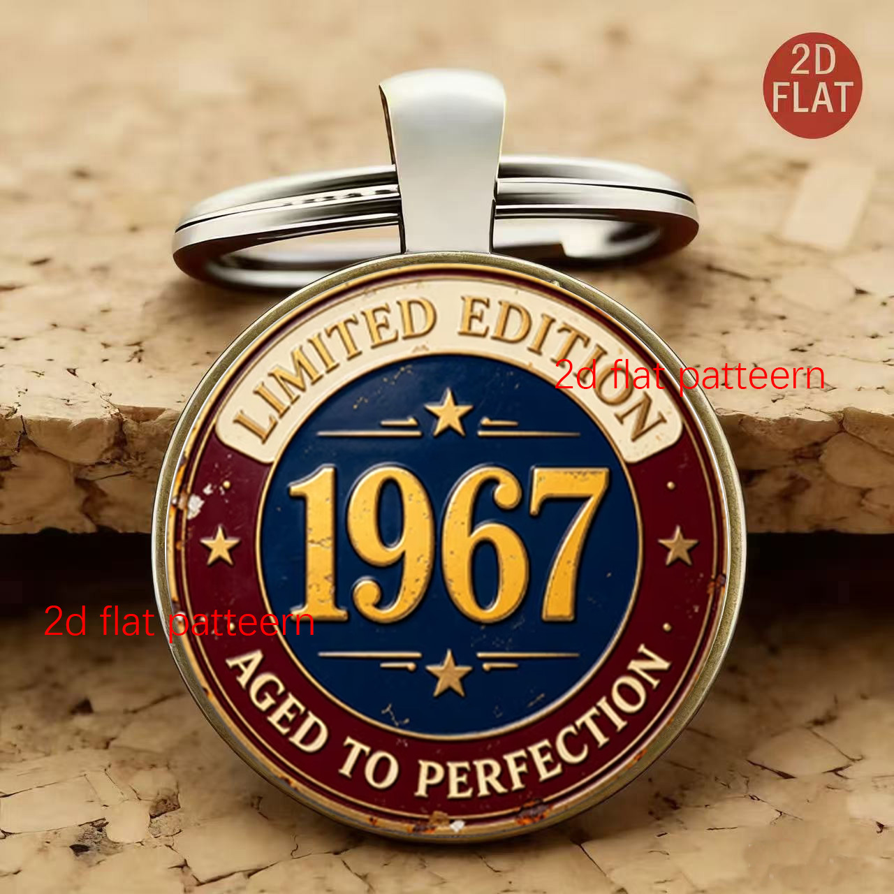 TEMU 2d Flat 1967 Vintage Pattern Keychain Fashion Decoration, Round Glass, Glass Keychain, Unisex, Suitable For Bags, Keys, Anniversary Gifts,