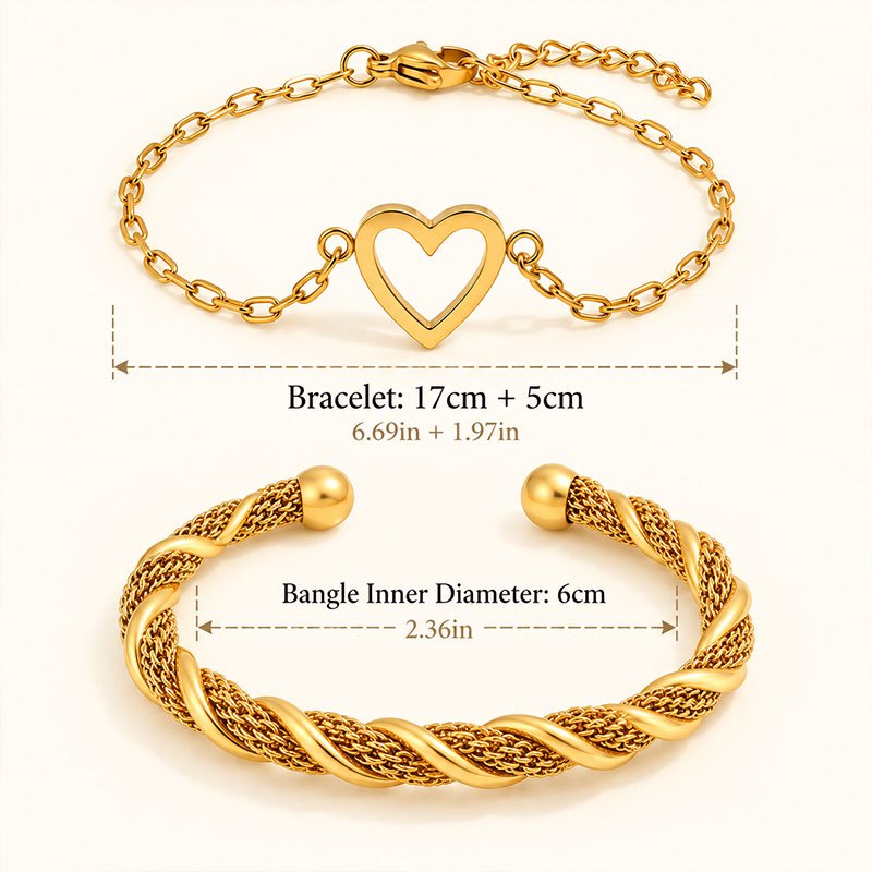 2pc Women's Stainless Steel Bracelet Set, Heart Chain & Twisted Bangle