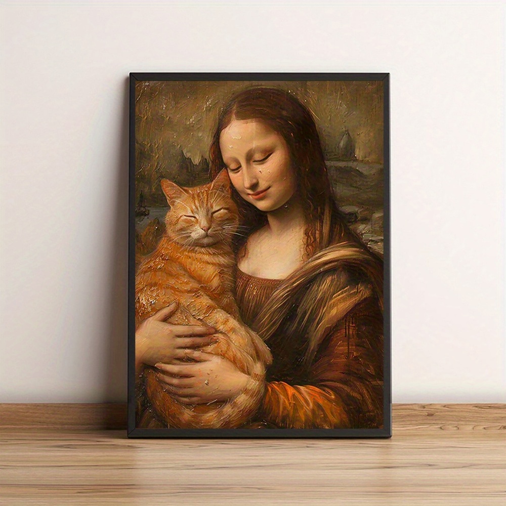E-shop Kunstfusion, und Glückliche Katze - Leinwanddruck im Renaissance-Stil, Verspielte Wanddekoration für Zuhause & Büro, Ungerahmtes Poster für