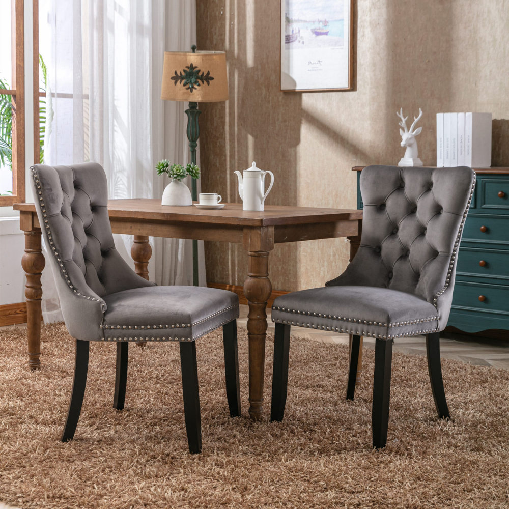 TEMU Nikki Collection Tufted Solid Wood Contemporary Velvet Dining Chair Set (includes Wooden Legs With Nail Accents), Black