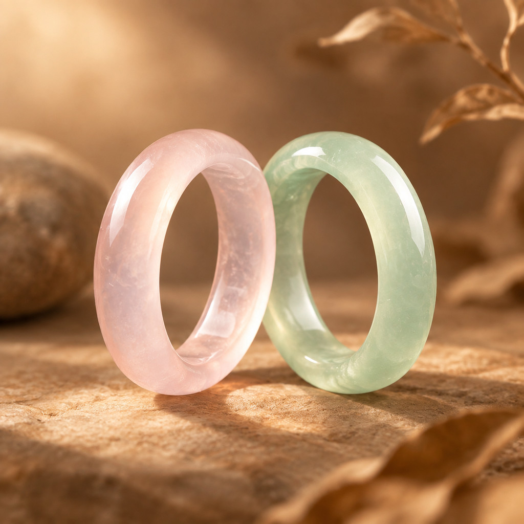 2pcs Pink & Green Agate Natural Stone Band Ring Set, Stackable