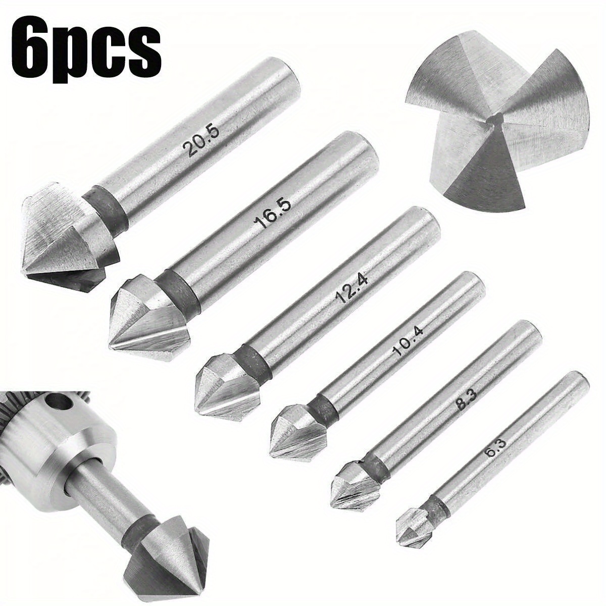 6pcs 90 Degree 3 Flute Chamfering End Mill Cutter Drill Bit Hss Chamfer Countersink Bits Set