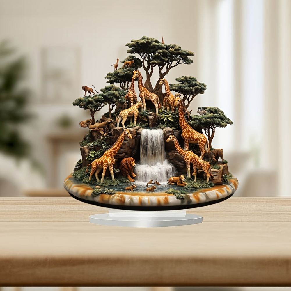 

1pc 2d Acrylic Wildlife Scene Ornament With Base - Table Decoration, Ornament, Suitable For Home, Office, Cafe - No Text, Giraffe And Lion