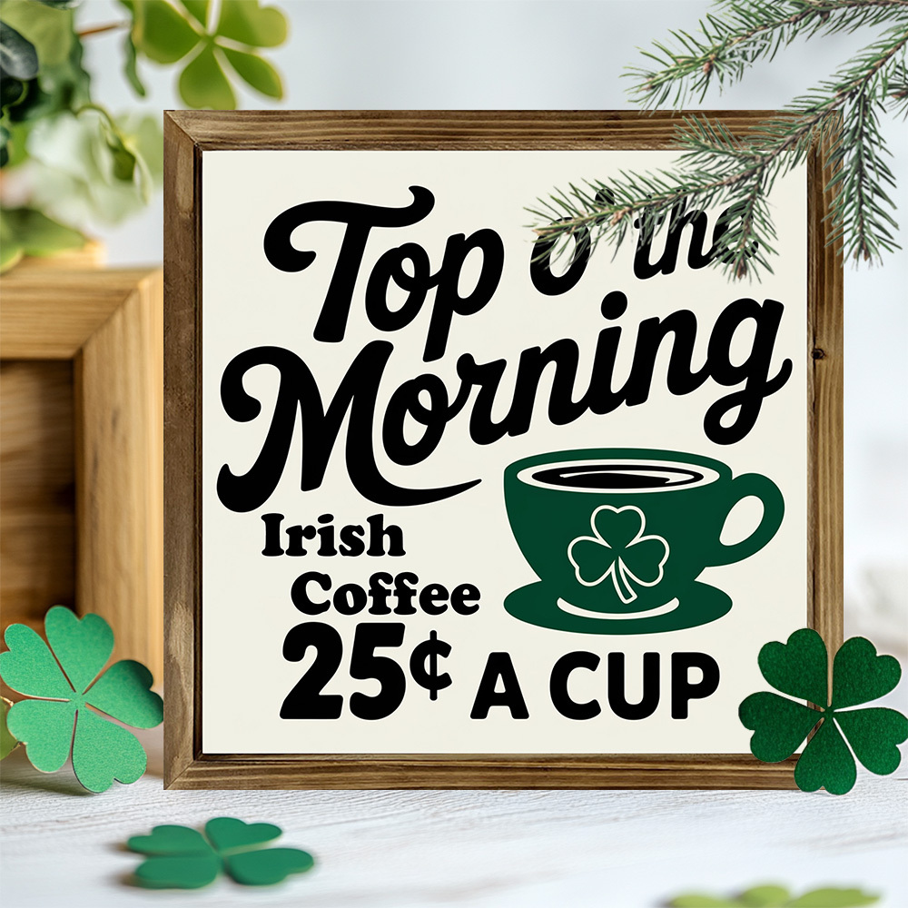 

8x8" Rustic 'top O'the Morning Irish Coffee' Wooden Sign - 's Day & Farmhouse Decor, Shamrock Theme Party Accessory, Ideal Holiday Gift, Coffee Bar, Wood , Kitchen Decor, Indoor Decorative Signs