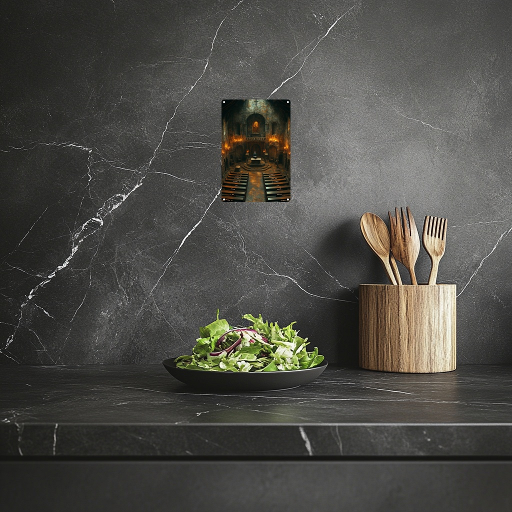 Print Painting, 1pc Aluminum Wall Art Cathedral Scene with Dramatic  Lighting Large Pulpit Wooden Benches Frameless Metal Deco