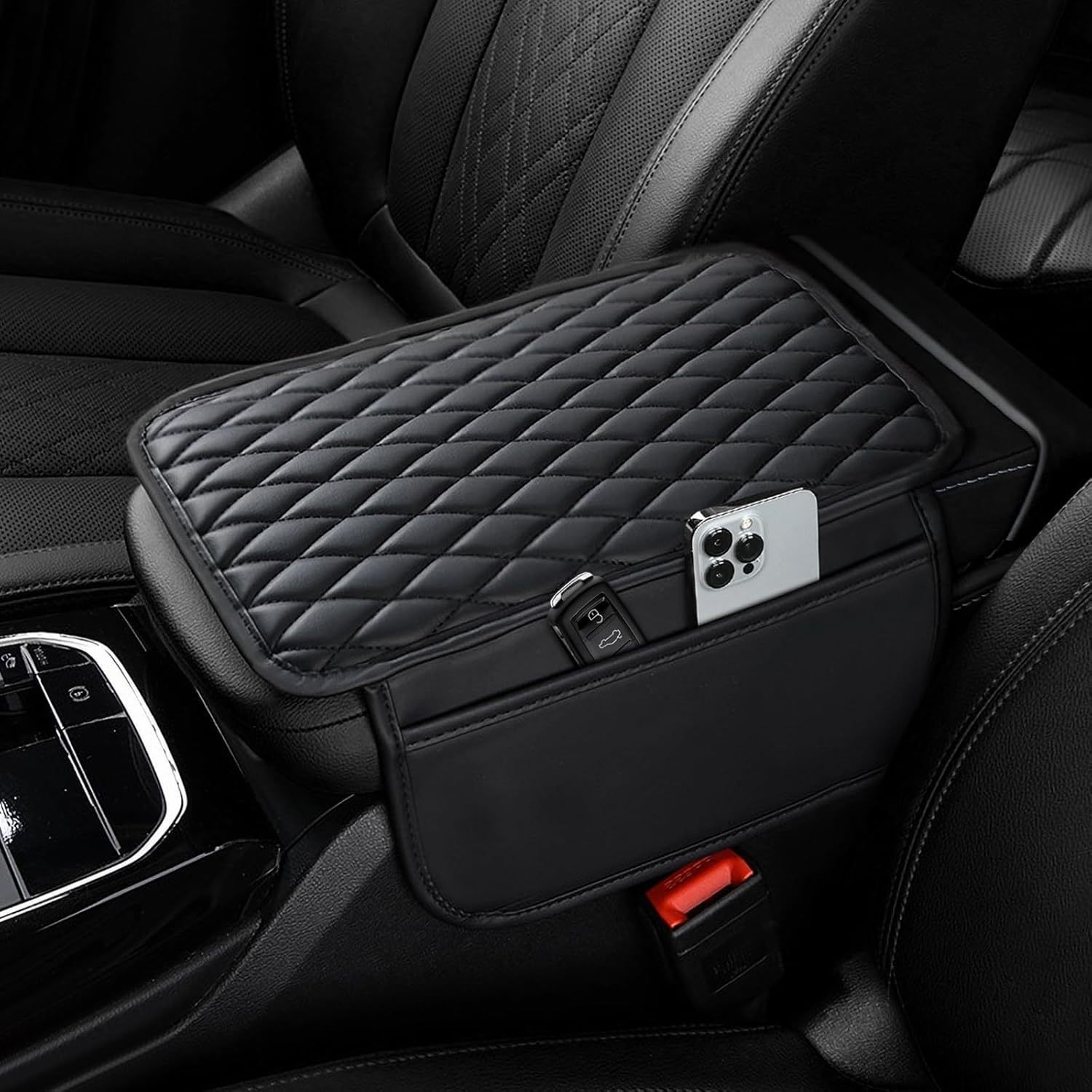 

Universal Armrest Cover, Knit Fabric Polyester, Microfiber Leather, With Dual Storage Pockets, For Vehicle Center Console Protector