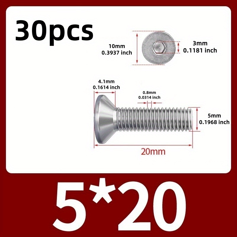 E-shop M5*0.8P Sechskant Schraube 304 Edelstahl Länge (6-100mm) M5 DIN7991 Sechskant Innensechskant Flachkopf Senkkopfschraube Möbel Schrauben