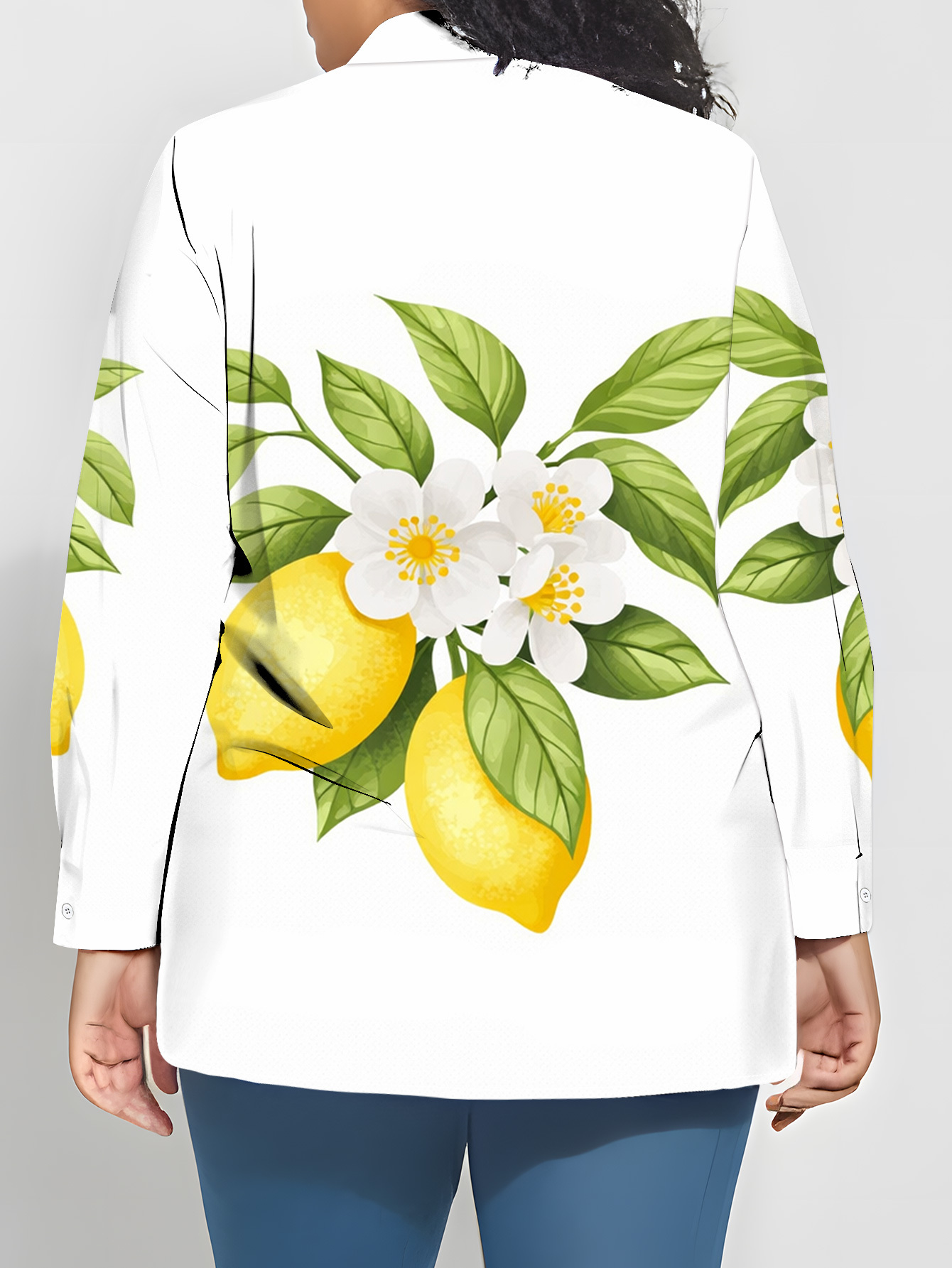 plus size plus size new plus size womens long sleeve printed shirt fashion casual tie front collar blouse womens shirt loose womens long sleeve   all match elegant shirt lemon white flowers green leaves illustration