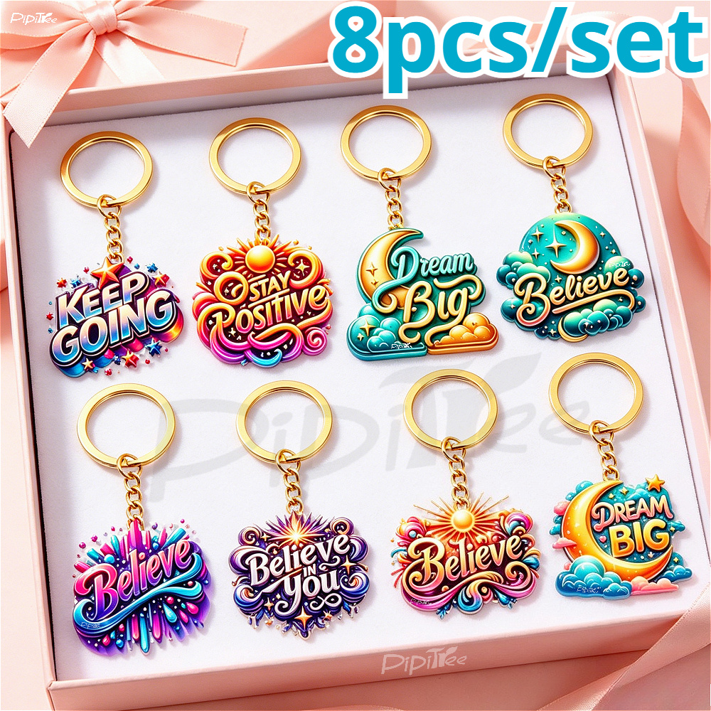TEMU 2d Flat 8pcs Motivational Acrylic Keychain Set, Self-affirmation And Encouragement Charms, Bohemian Style Pendant, Blessing Keychains, Blessing