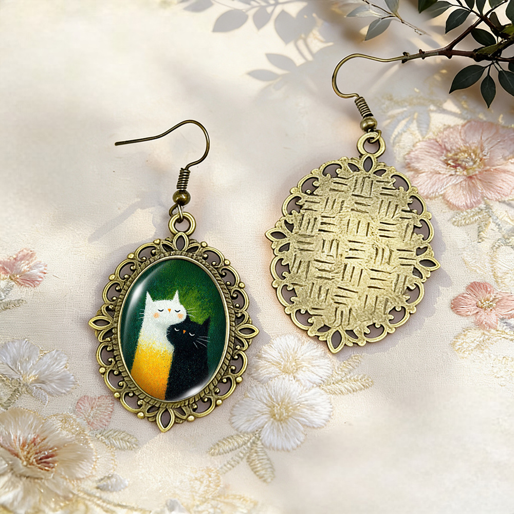 Black & White Embracing Cats Minimalist Lace Earrings and Pendant