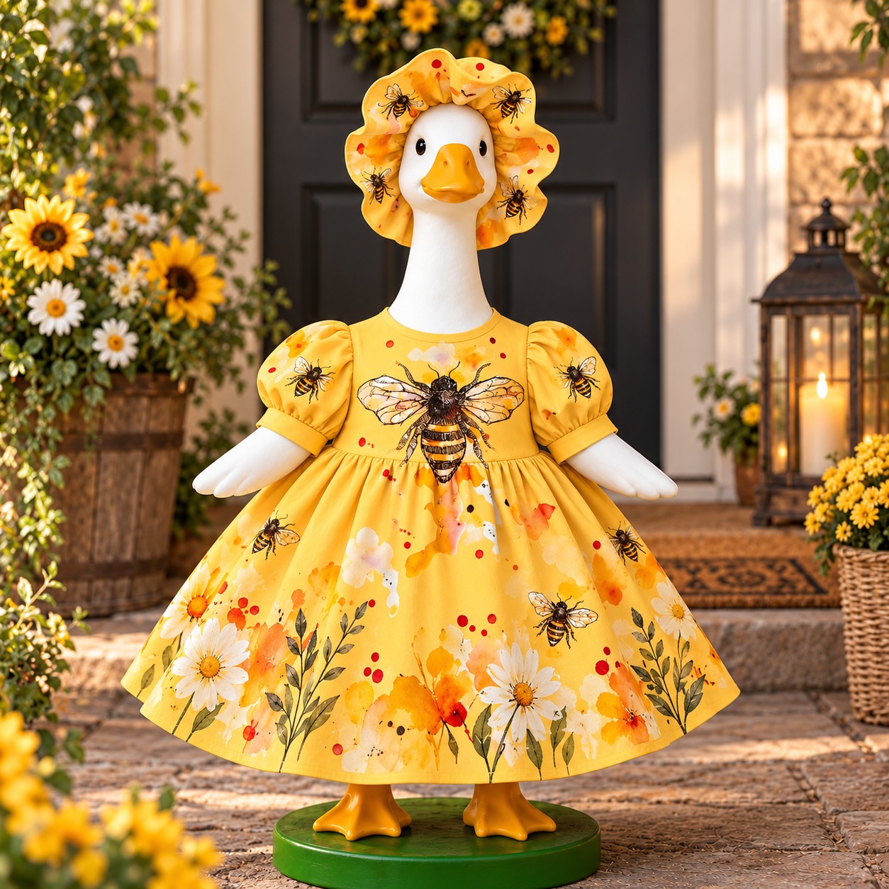 TEMU 23inch Porch Goose 2pcs Dress And Soft Hat Set, 2d Printed Bee And Sunflower Pattern Outfit, Porch Goose Apparel, Garden Goose Clothing