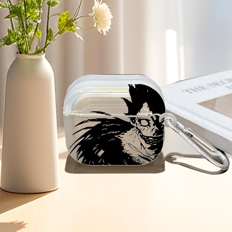 TEMU Black And White Anime-style Character Illustration Transparent , Durable Plastic Protection Cover With Silver Carabiner, Compatible For Airpods