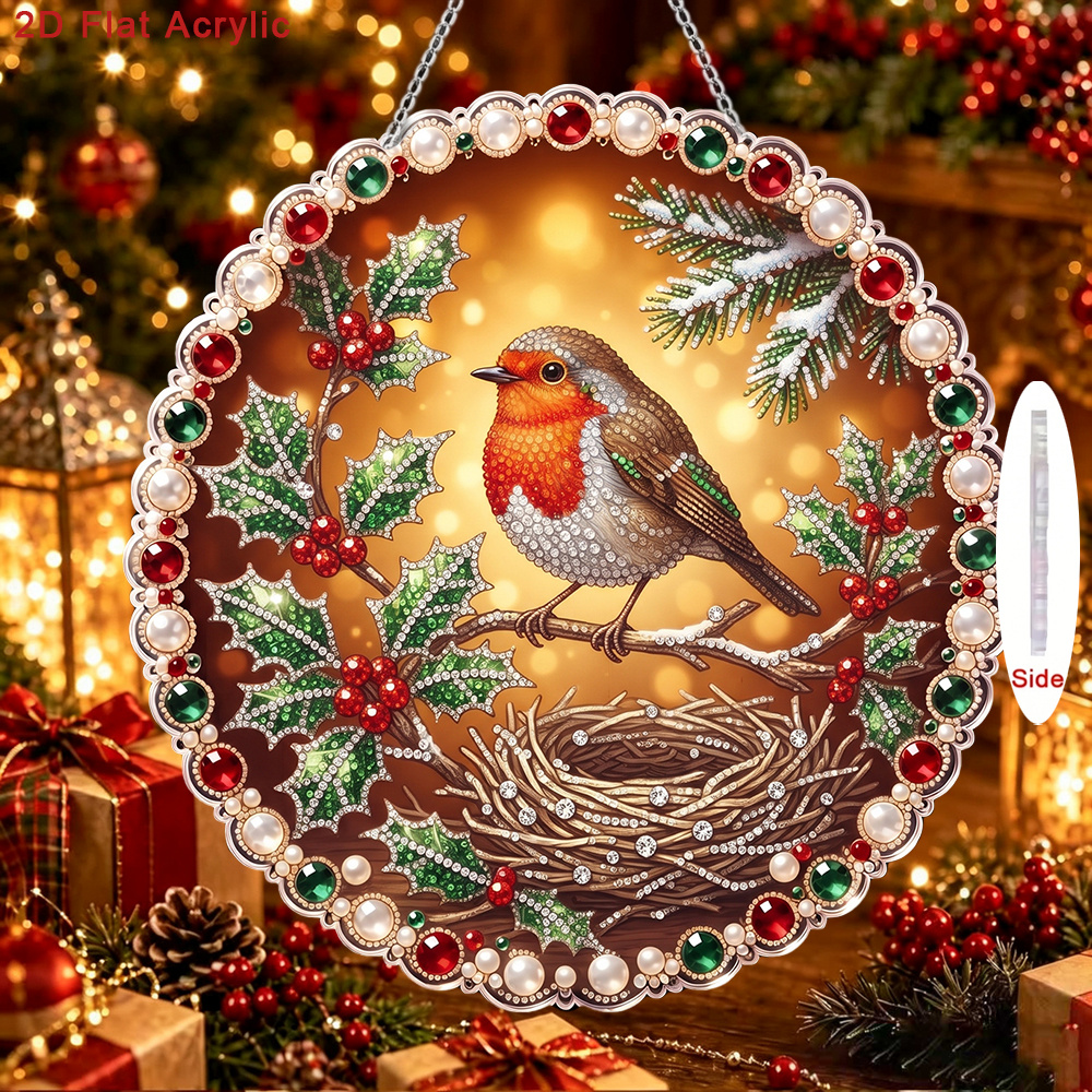 TEMU 2d Flat, Full Diy Pearl Drill Pendant Kit With Acrylic Pearls & Drill Tool - Robin Holly Christmas Wreath Suitable For Home Wall Decor, Chain