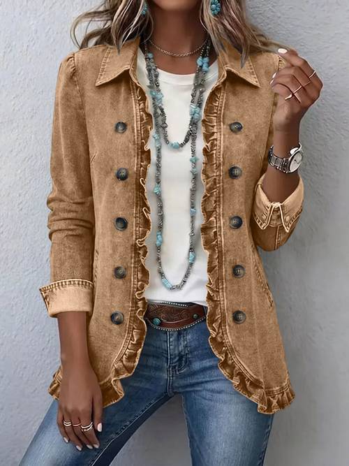 denim jacket for women 2026 ruffle trim button up vintage jean v neck long sleeve vintage western casual fall jean with pockets
