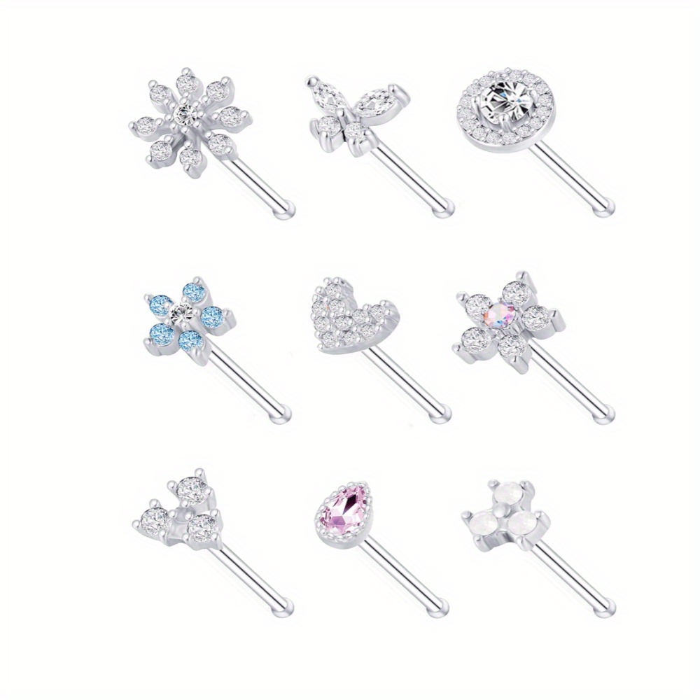 TEMU 9pcs Nose Rings Stud L Bone Screw Shaped Nose Ring Flower Cz Snowflake Screw Nose Stud Body Piercing Jewelry For Women Men 20g Silvery Golden Rose