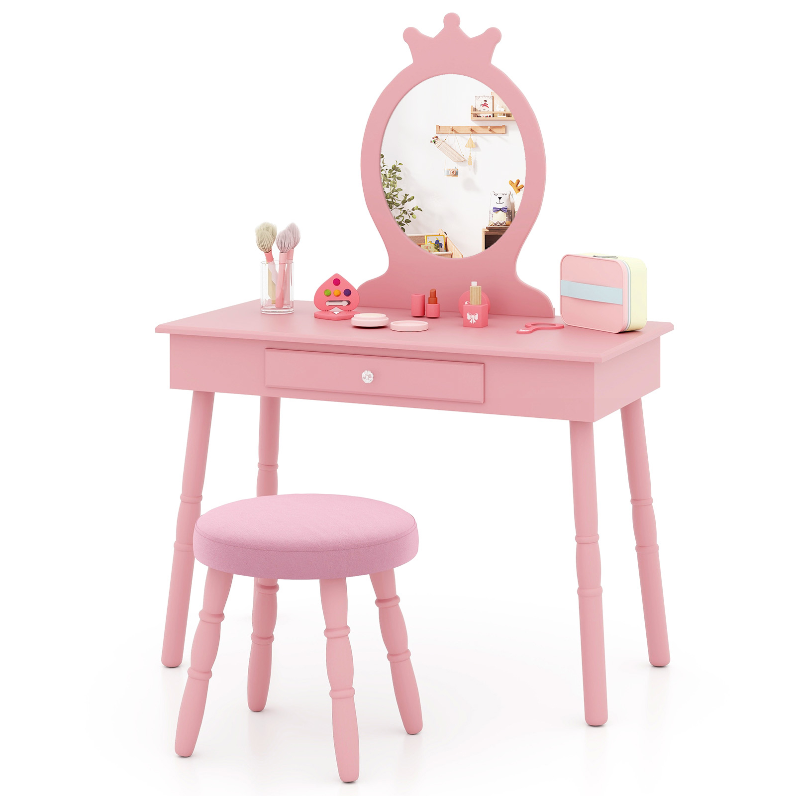 Image of Kids Vanity Makeup Table Set, Princess Vanity Table And Chair Set, Vanity Dresser For Little Girls, Makeup Dressing Table With Large Drawer