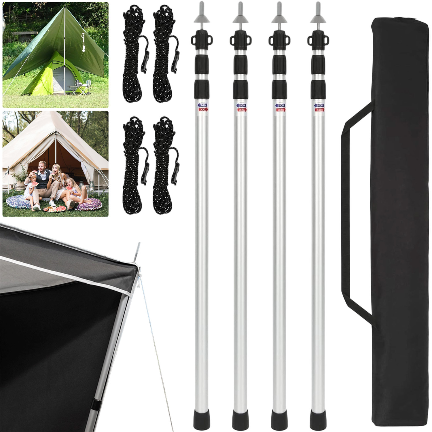 E-shop 4 Stk. verstellbare Stützstangen aus Aluminiumlegierung, 90-230 cm Teleskop-Design mit starker Tragfähigkeit für Zelt, Markise, Plane,