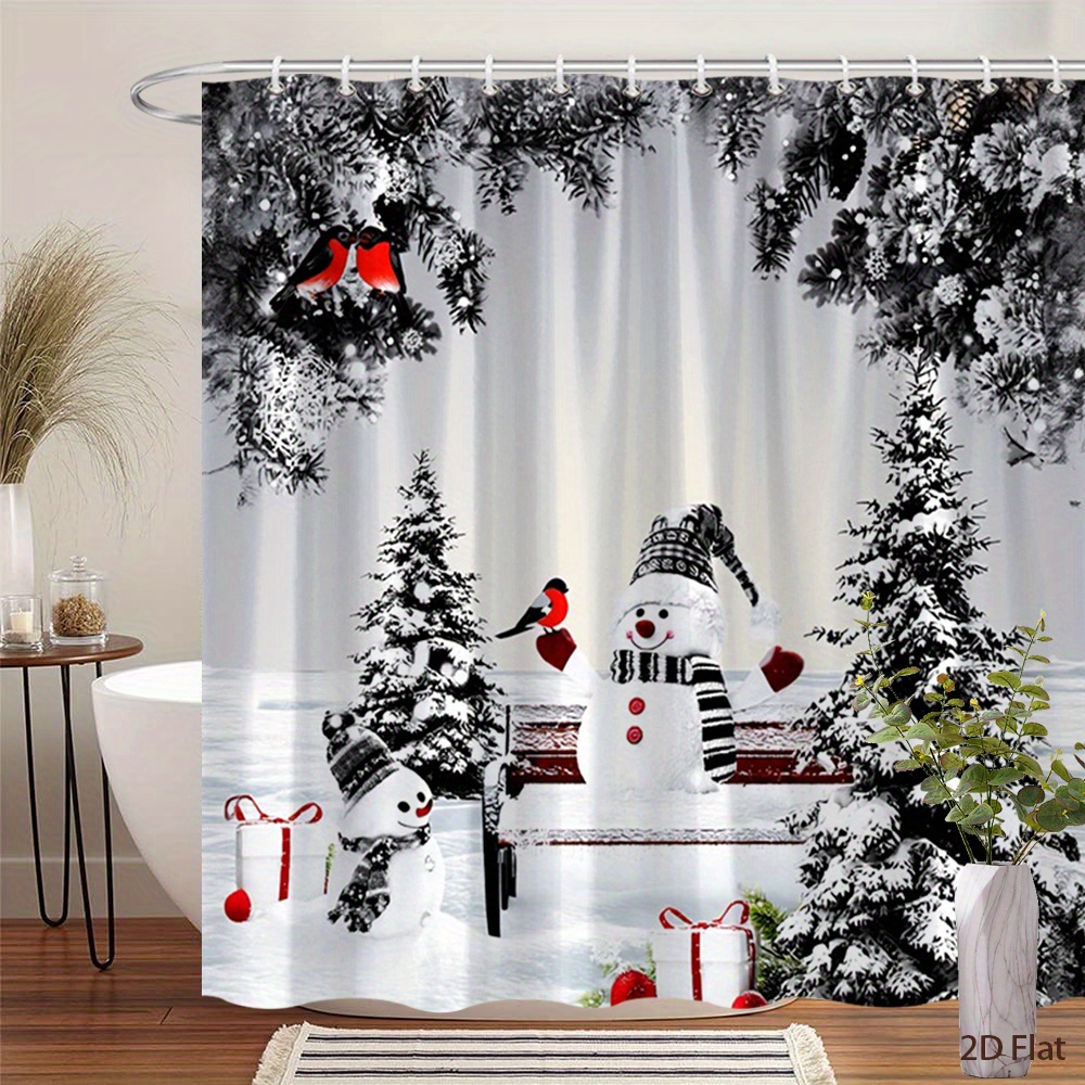 TEMU 1 rideau de douche avec de neige et paysage enneigé - Oiseaux à poitrine rouge et arbres couverts de neige, lavable en machine avec 12 crochets,