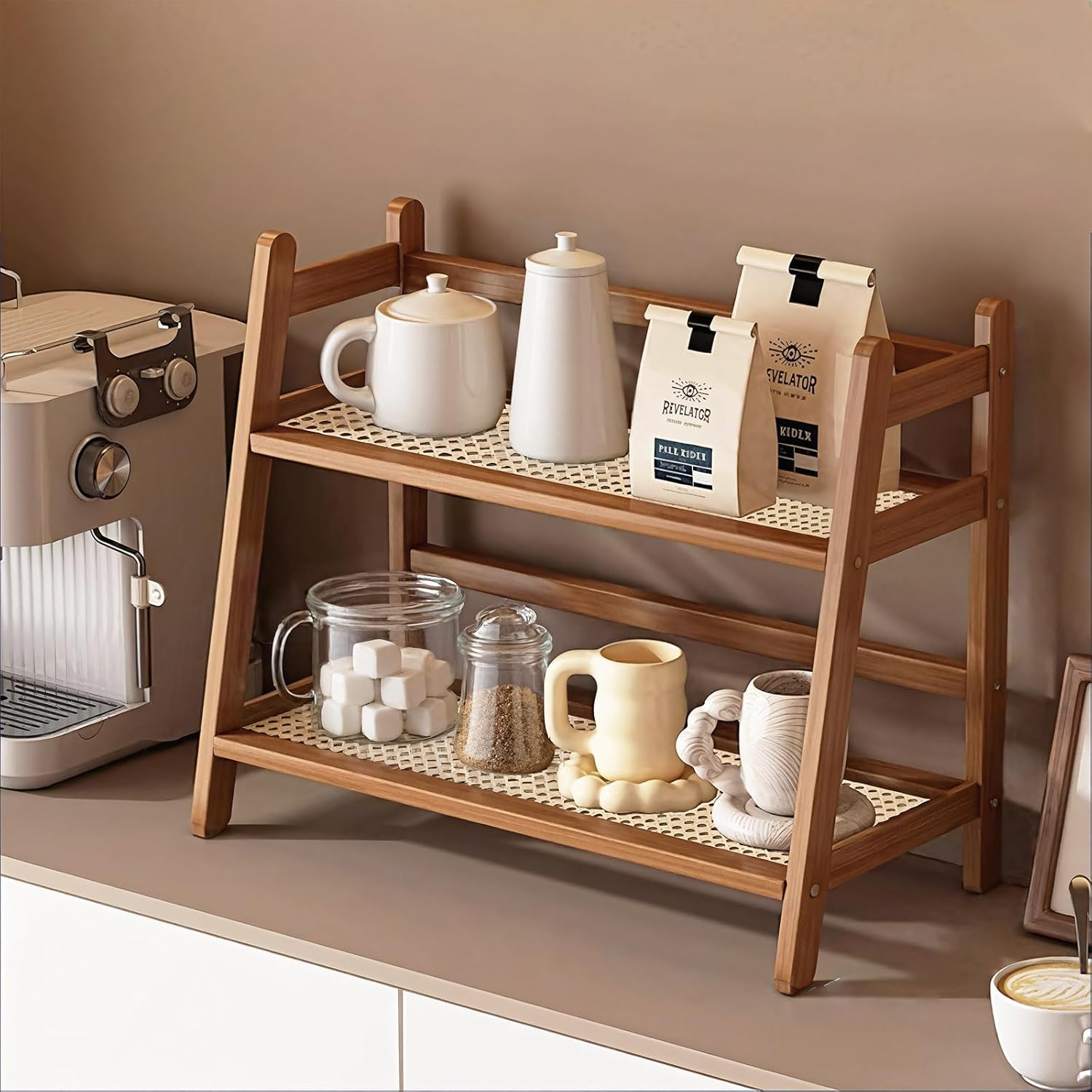 TEMU 1pc Double-layer Bamboo Storage Rack, Suitable For Kitchen/office/bedroom, Bohemian Style Wooden Surface | Perfect For Placing Coffee Cups, ,