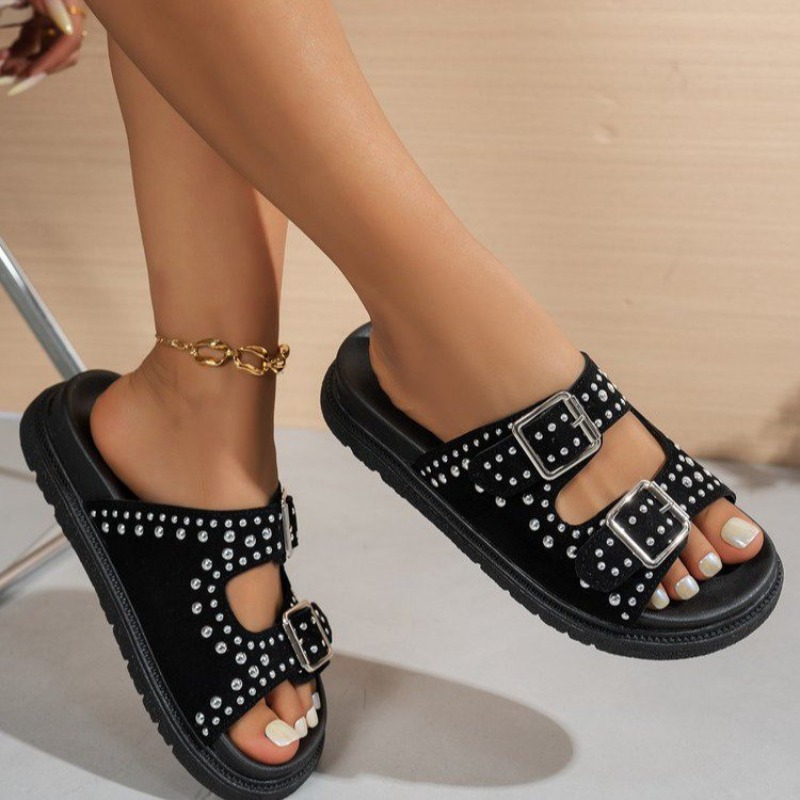 TEMU Sandales à semelle épaisse pour femme avec décoration en strass et style à pour la plage. À la mode, élégantes et pratiques. Sandales plates à