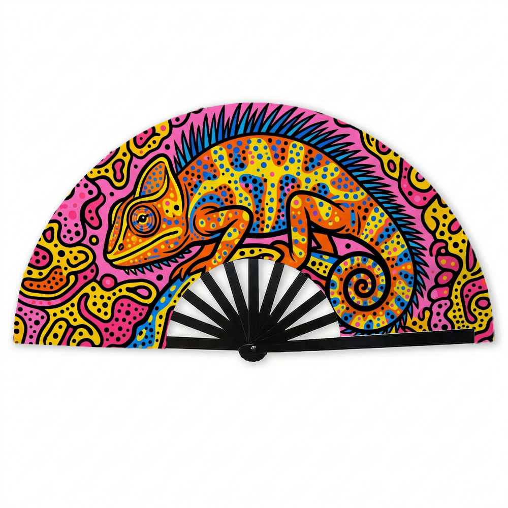 TEMU 1pc Psychedelic Pop Art Folding Hand Fan Featuring A Vibrant Chameleon And Dotted Design, A Portable Handheld Cooling Device Perfect For Summer,