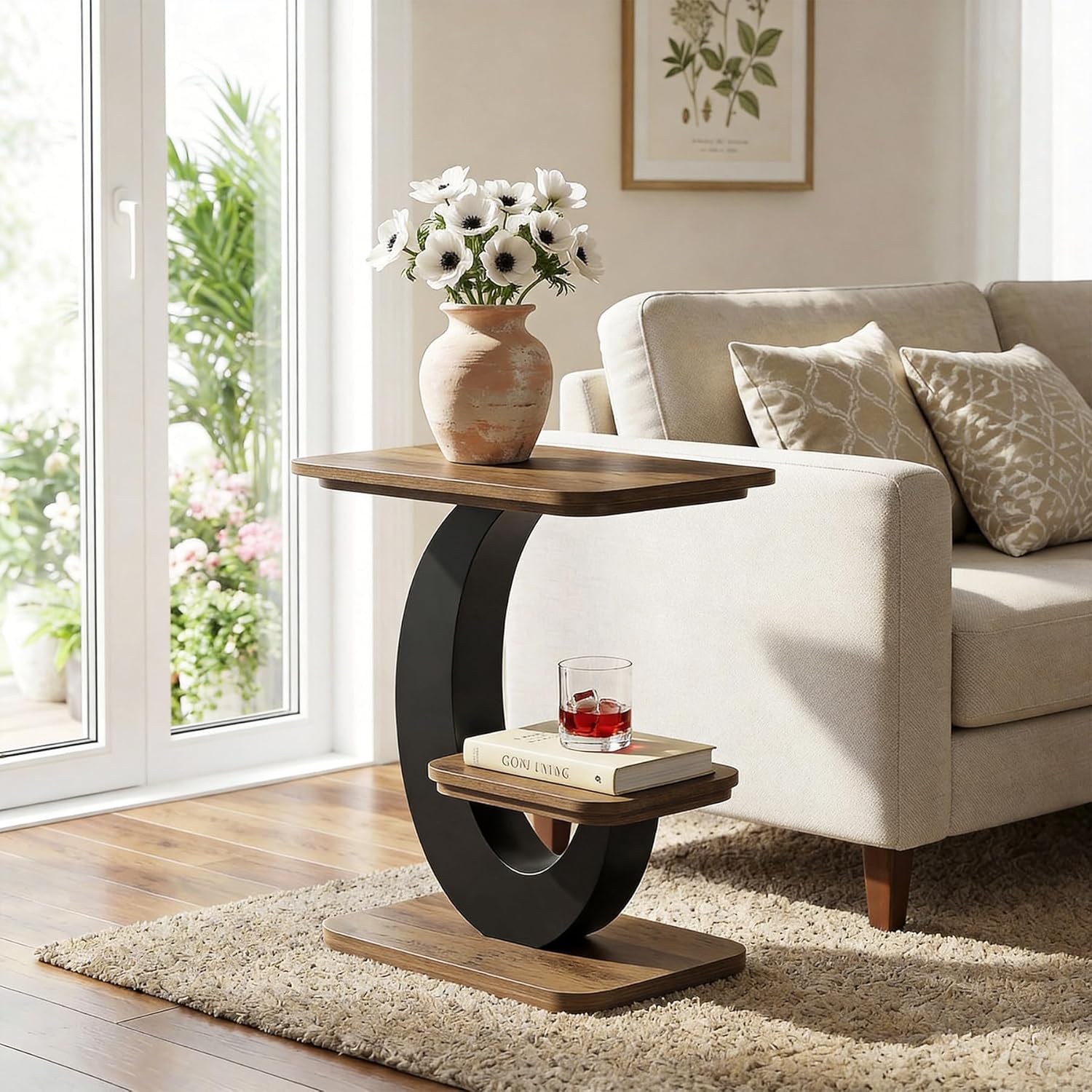Image of Side Table, 2-tier Narrow End Table For Living Room, Industrial Wooden Side Table With -shaped Frame, Bedside Nightstand With Storage Shelf For Small Spaces, Bedroom, Brown