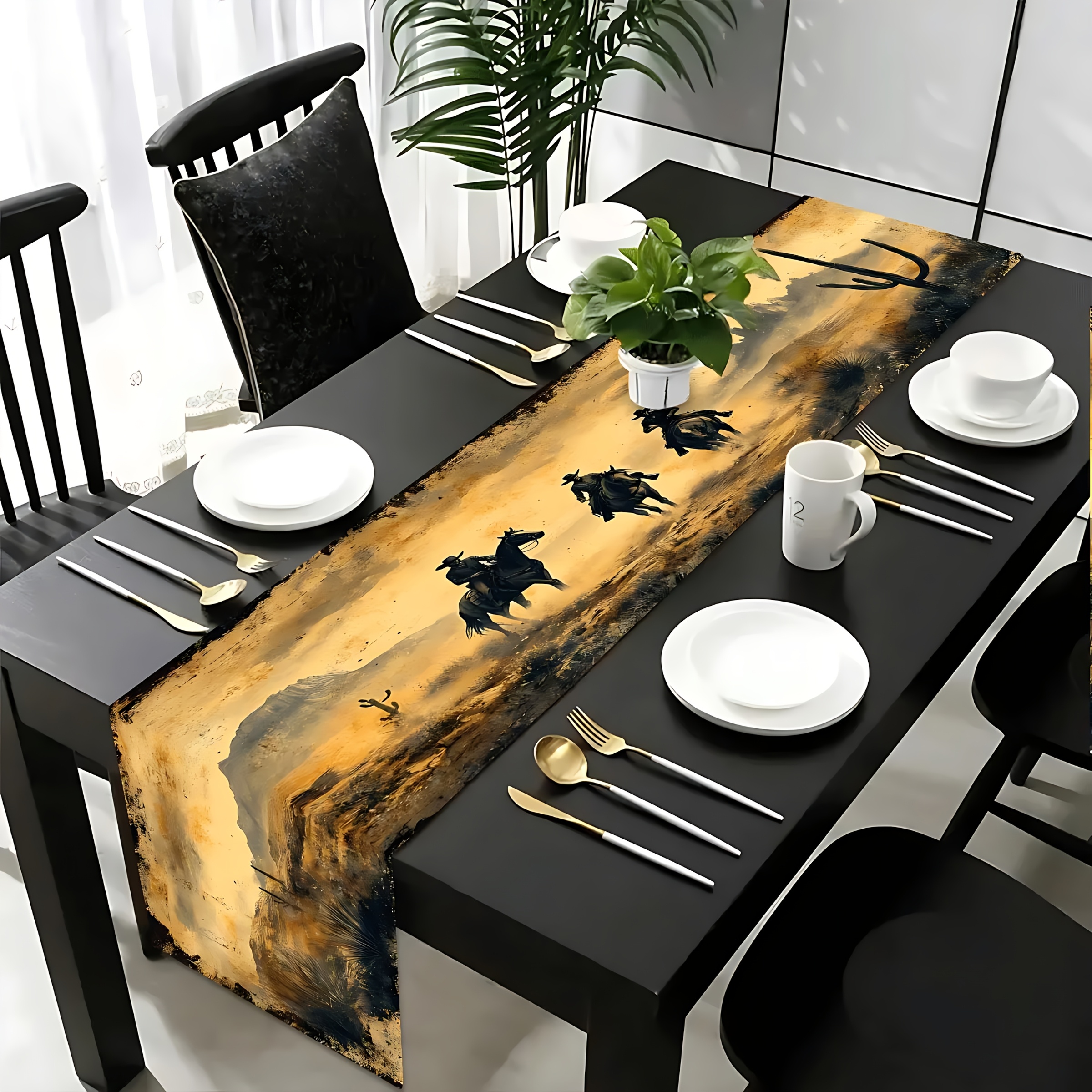 TEMU 1pc Retro Sand Denim Table Runner, Depicting The Cowboy Retro Tones, Suitable For Retro Western, Adventure-style Home, Kitchen And Restaurant