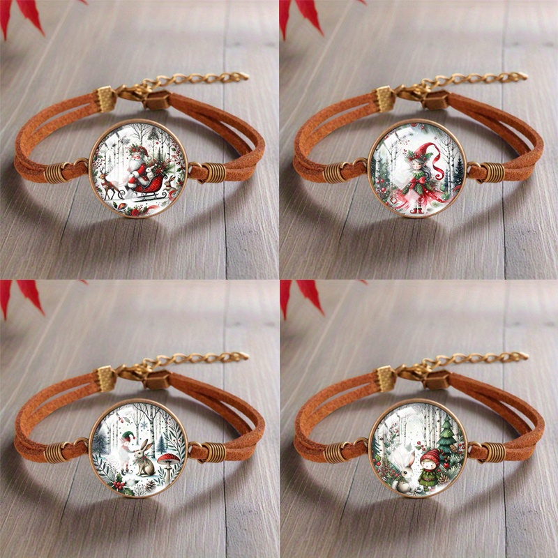 TEMU Set da 4 braccialetti natalizi vintage adatti per regali festivi, perline marroni con cupola in vetro con ciondoli , renna, elfo, , per uso ,