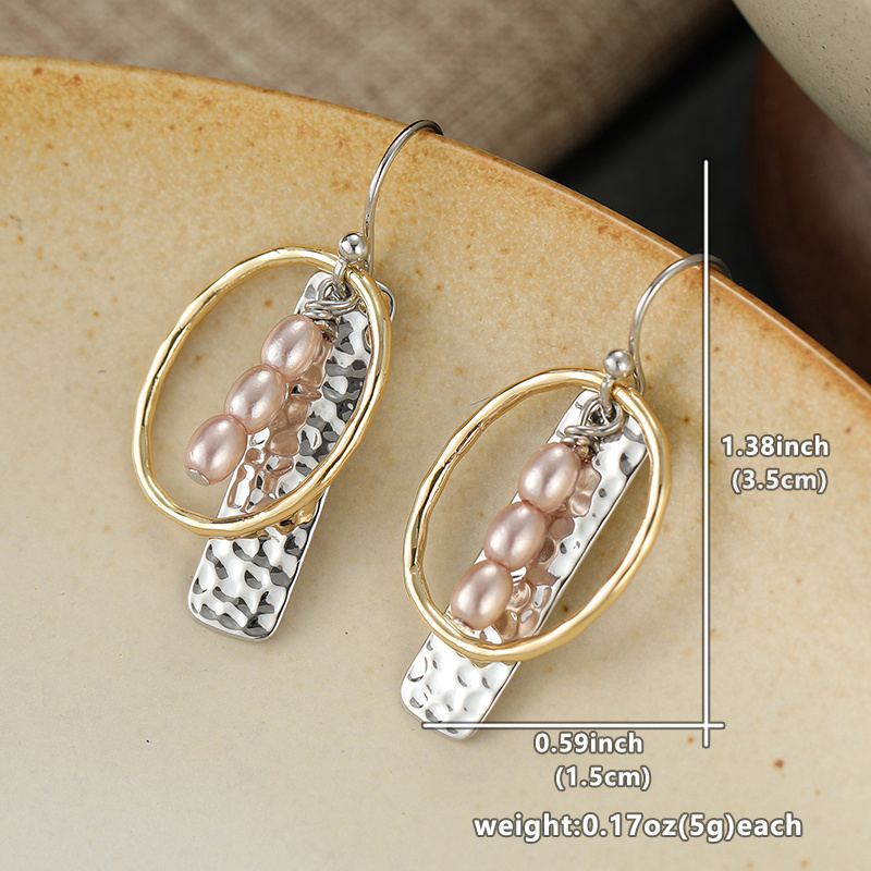 Women's Two-Tone Hammered Oval Hoop Drop Earrings, Minimalist Boho