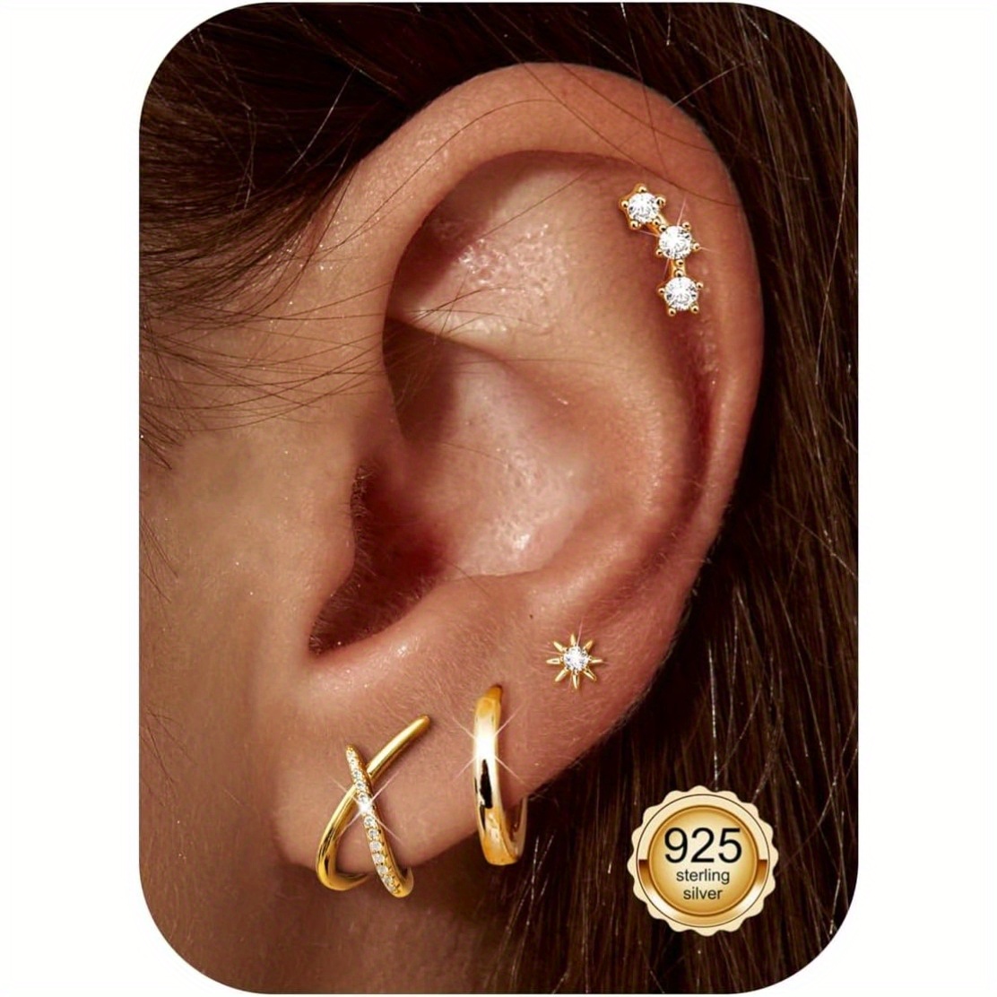 Image of 4pairs 925 Sterling Silver Stud Earrings Set For Women, Sparkling Synthetic Zirconia Cross Hoop Earrings, Dainty Star Cartilage Piercing Jewelry, Hypoallergenic Earring Stack Gift For Sensitive Ears