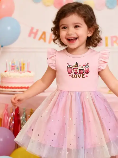 Heart-Shaped Love Milk Tea Themed Print Dress with Flutter Sleeves, Featuring a * Style, Star Sequins, And *-Color Mesh * Heart-Shaped Love Milk Tea Themed Print Dress with Flutter Sleeves, Featuring a * Style, Star Sequins, And *-Color Mesh *
