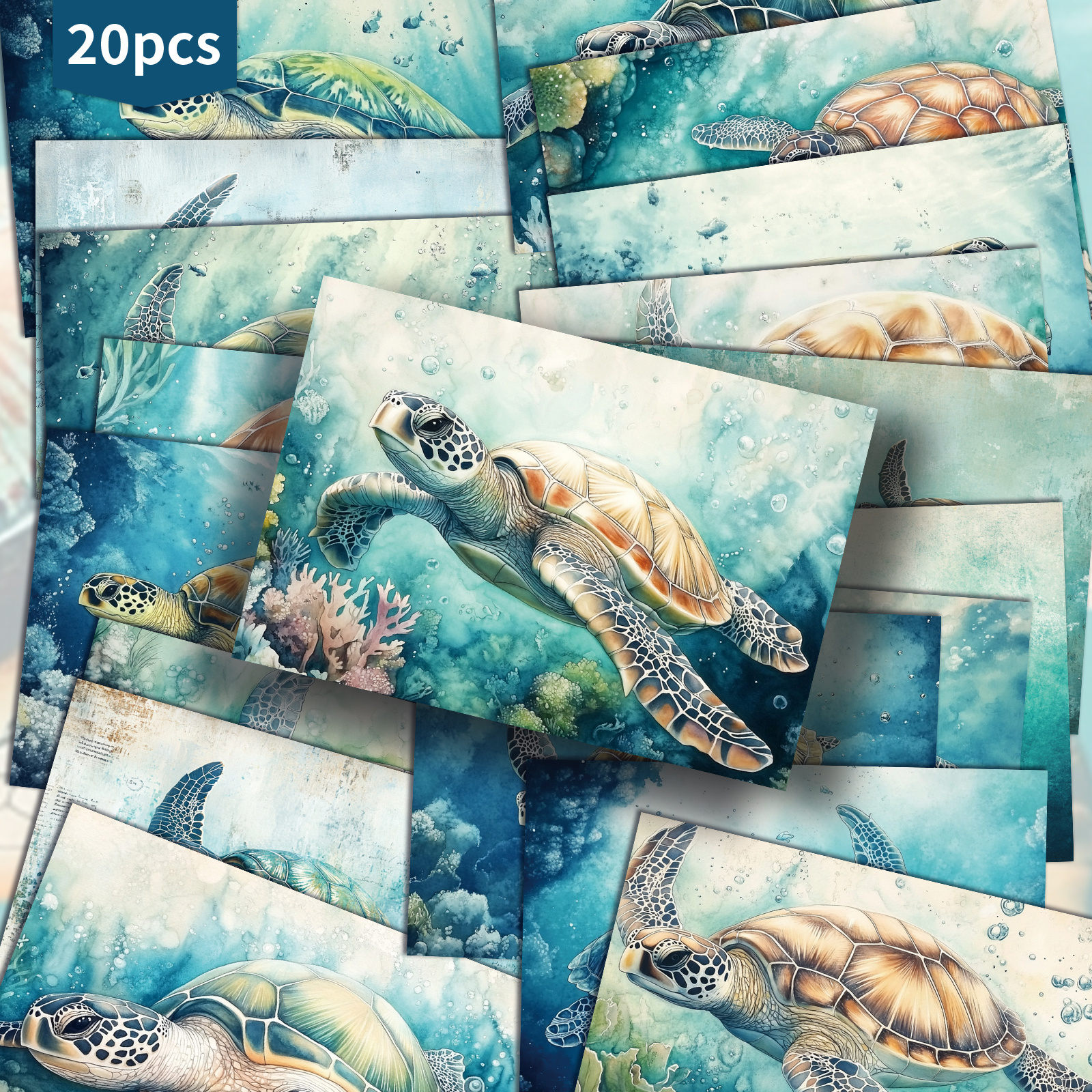 TEMU 20-pack Asstss Ocean Turtle Gift Card - 4x6 Inches Retro Junk Journal Paper, Classic Pinup Illustrations Collectible Decorative Painting Cards