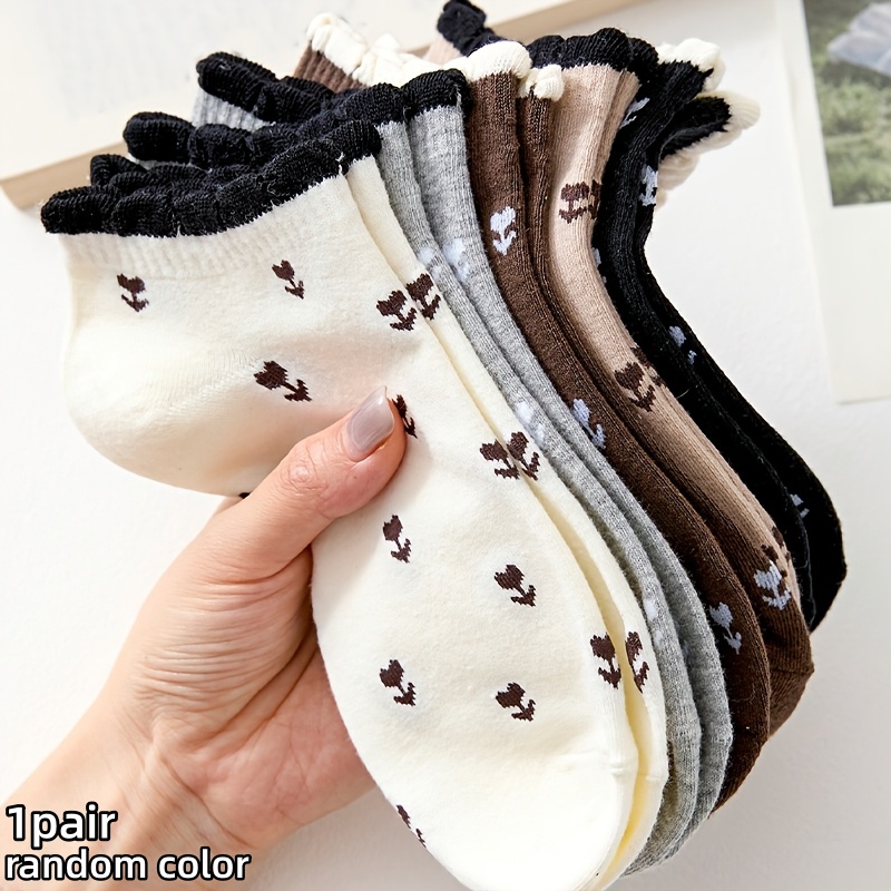 TEMU 1 Paire de Chaussettes de Cheville pour Femme, Couleur Aléatoire, Respirantes, Mignonnes à Motif Floral, pour et les Loisirs, Convient pour et ,