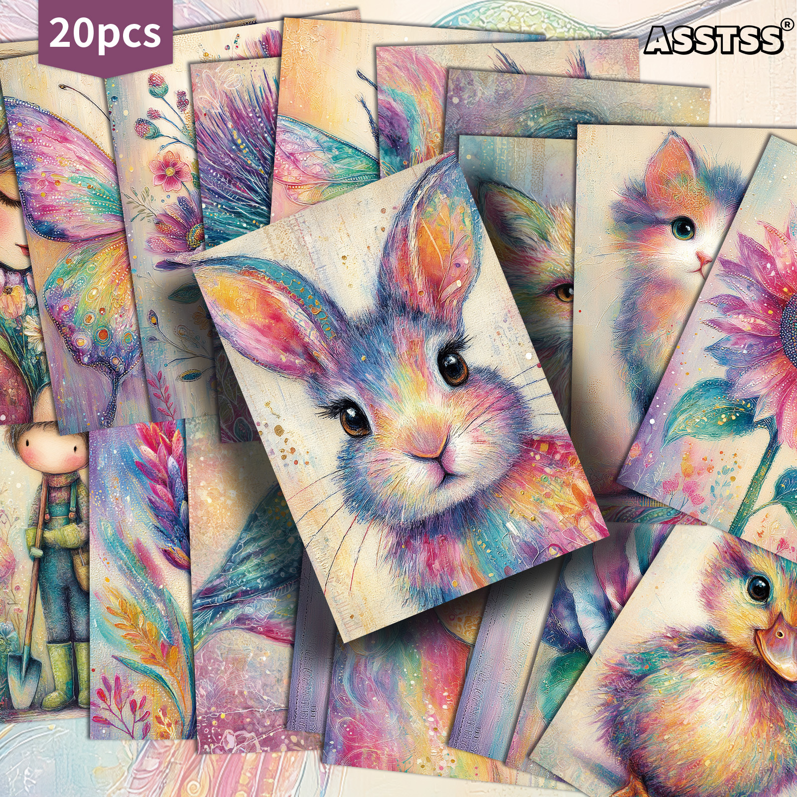 TEMU Ensemble de 20 cartes postales assorties de style vintage avec des animaux printaniers colorés, mesurant 4X6 pouces. pour le junk journaling, le