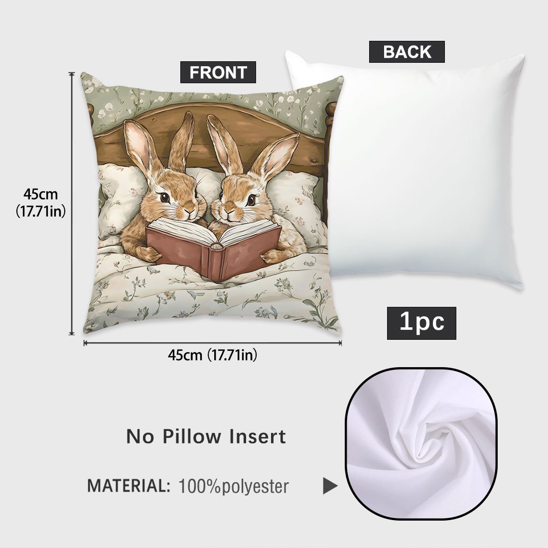 TEMU 1pc Cartoon Rabbit Reading Story Book Single-sided Printed Throw Pillow Sofa Cover - Beige Throw Pillow Case 45*45cm