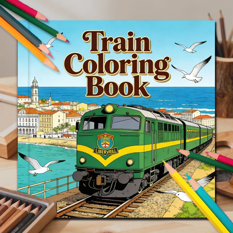 Image of 24-page Adult Train Coloring Book | Craft Kit For Stress Relief And Relaxation, Perfect As A Gift For , Featuring Seaside Town Train Scenes And Mixed Colored Papers