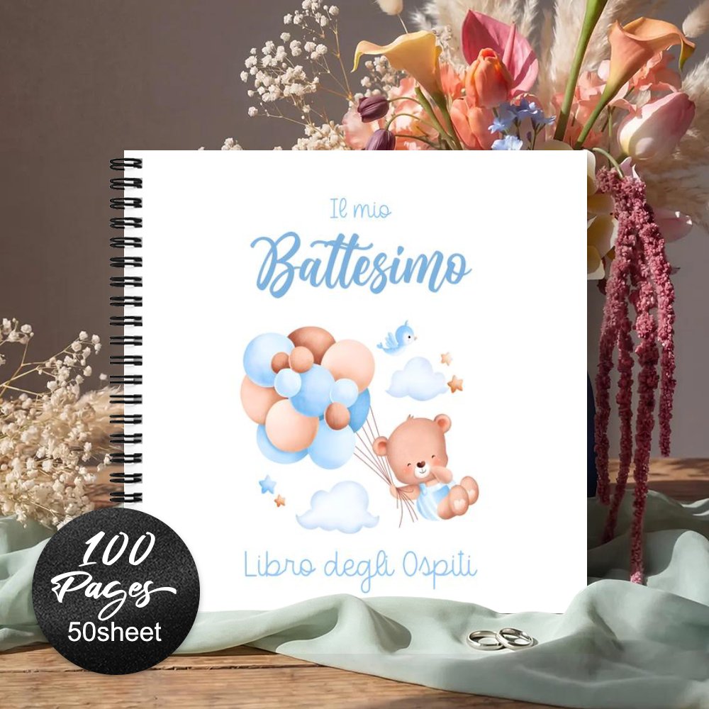 TEMU 1 libro degli ospiti, libro degli ospiti per battesimo, ricordo con illustrazione di simpatici orsacchiotto e palloncini, per che gli ospiti per