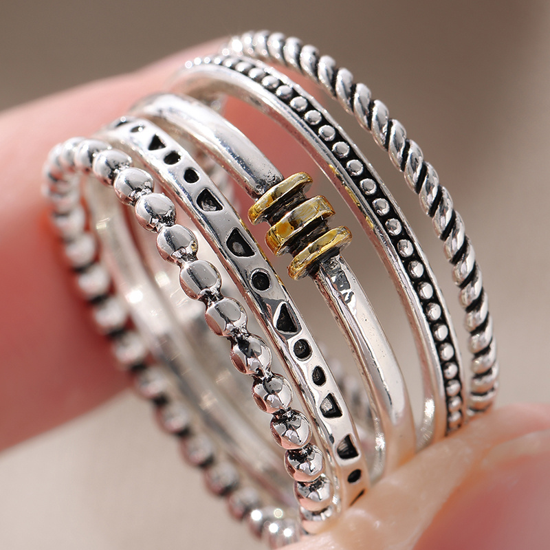 5pcs Trendy Hand Carved Geometry Women's Ring Set