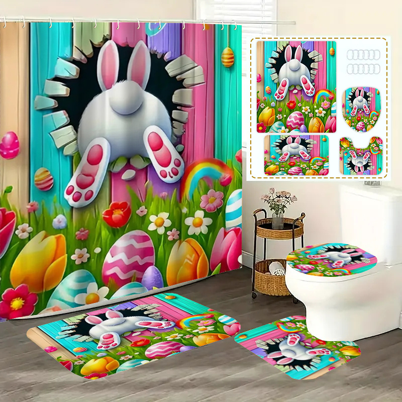 

1pc/4pcs Easter Bunny & Bunny Hole Polyester Shower Curtain Set, Water-resistant, Non-slip Bathroom Rug, Toilet Seat Cover, Includes 12 Hooks, Washable, Fashionable Home Decor For Spring Holiday