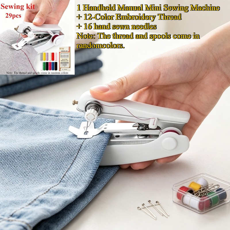 TEMU 29pcs Handheld Manual Mini Sewing Machine Set, 12-color Embroidery Thread And 16 Hand Sewn Needles, Portable Small Tailor Machine For Home Use,