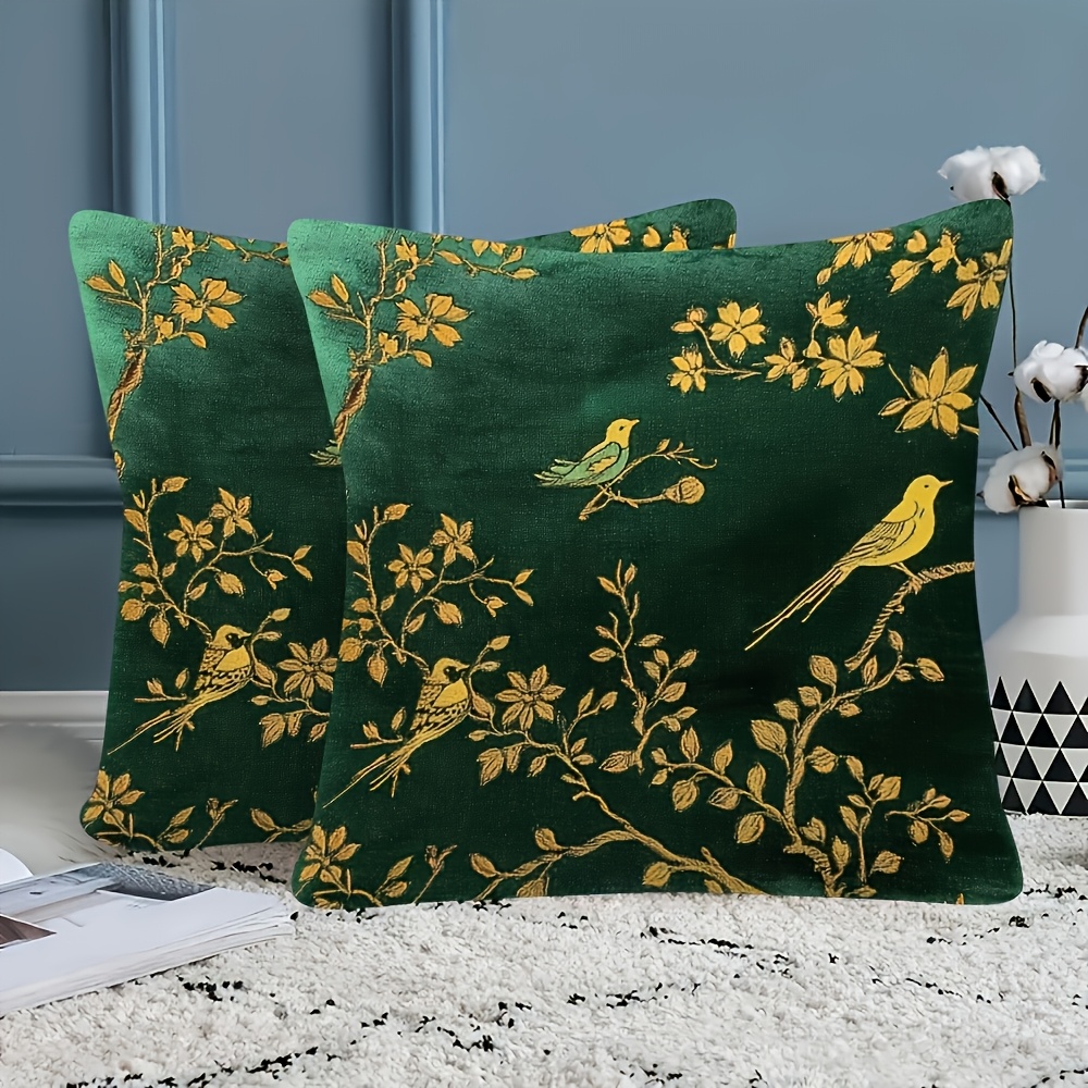 TEMU 2pcs Elegant Green Velvet Pillowcases With Stamped Flying Bird And Floral Print, Soft Texture For Modern Home Decor, Suitable For Living Room,