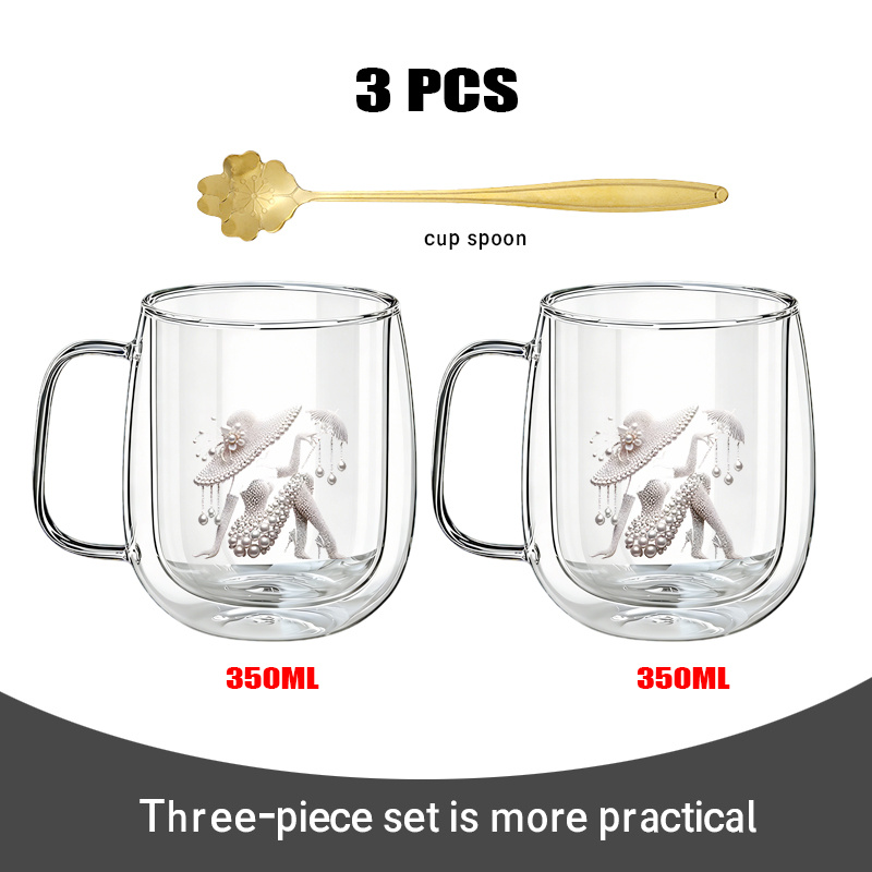 E-shop 3er-Set zwei doppelschichtige Borosilikatgläser, ein goldener Löffel, Muster, geeignet für Heiß- Kaltgetränke. Geeignet für Kaffee, Tee