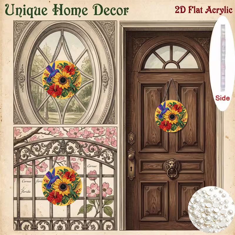 Vivid Floral and Hummingbird Acrylic Pendant, Decorative Ornament